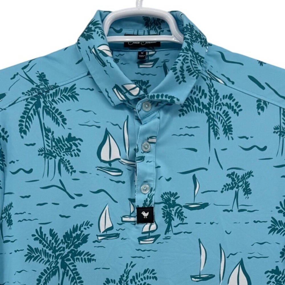 Bad Birdie Mens Golf Polo Shirt Blue Sailboat Palm Tree Tropical Print Size M